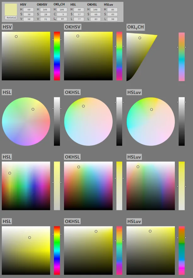 OKHSV comparison of HSV, HSL and perceptual pickers