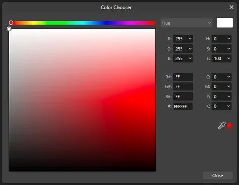 A desktop app's Color Chooser dialog: a hue strip over a saturation and brightness square, with RGB, HSL, hex and CMYK fields