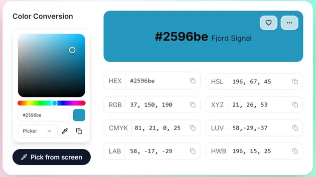 A color conversion tool listing one color in HEX, RGB, CMYK, LAB, HSL, XYZ, LUV and HWB