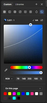 Figma's color picker, with a contrast ratio readout and the page's colors