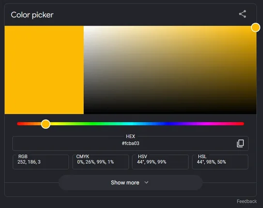 Google's color picker from search results, with HEX, RGB, CMYK, HSV and HSL