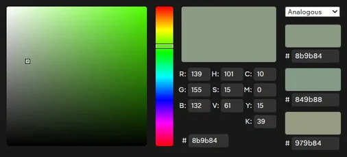 A web color picker with RGB, HSV and CMYK fields and three analogous swatches