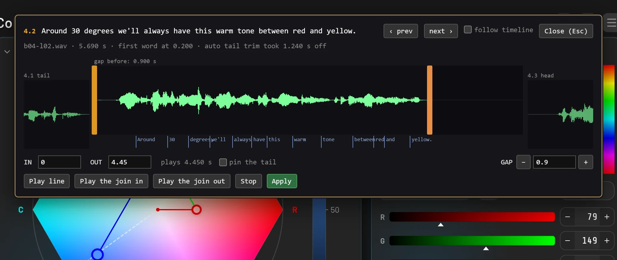 The clip editor on one spoken line: its waveform between the previous line's tail and the next line's head, a tick for each word, the in and out points, and the gap before it