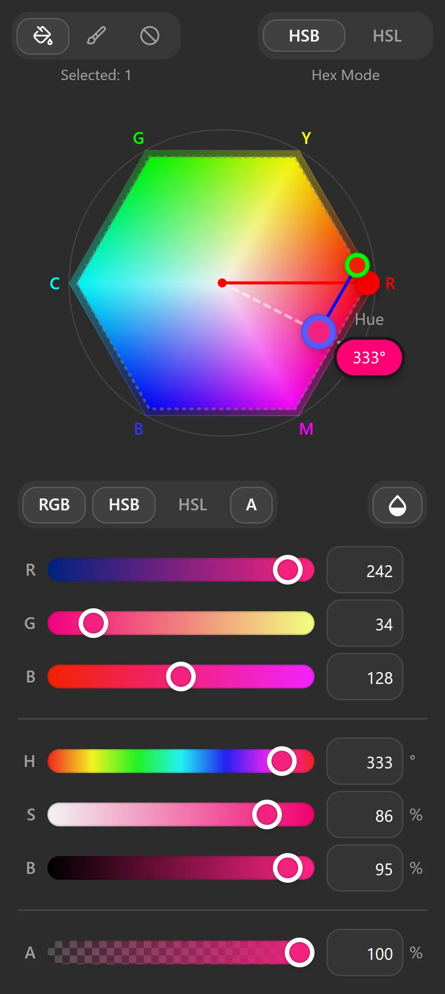 The Figma plugin panel with one layer selected, mid-drag on the hexagon at 333 degrees: RGB, HSB and alpha sliders follow
