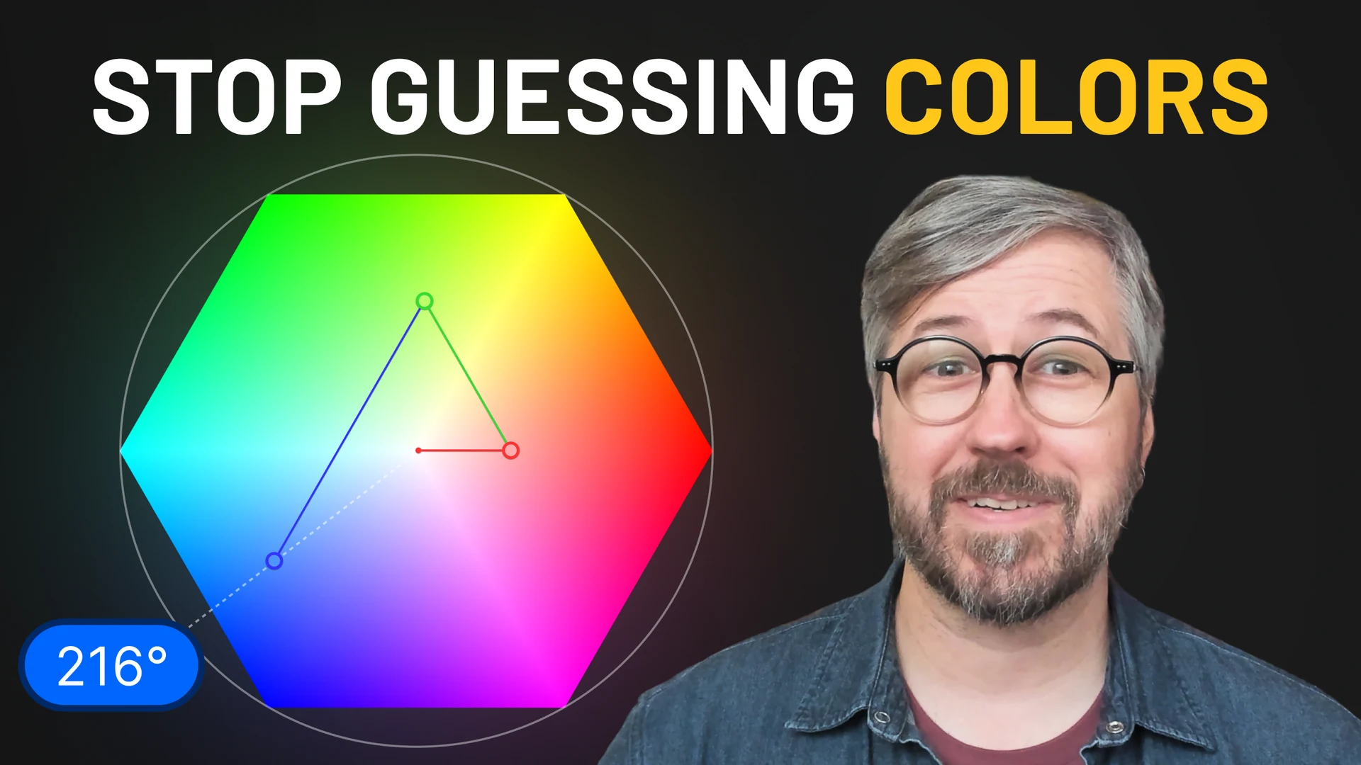 YouTube thumbnail: Stop guessing colors, with the hexagon and Taylor on camera