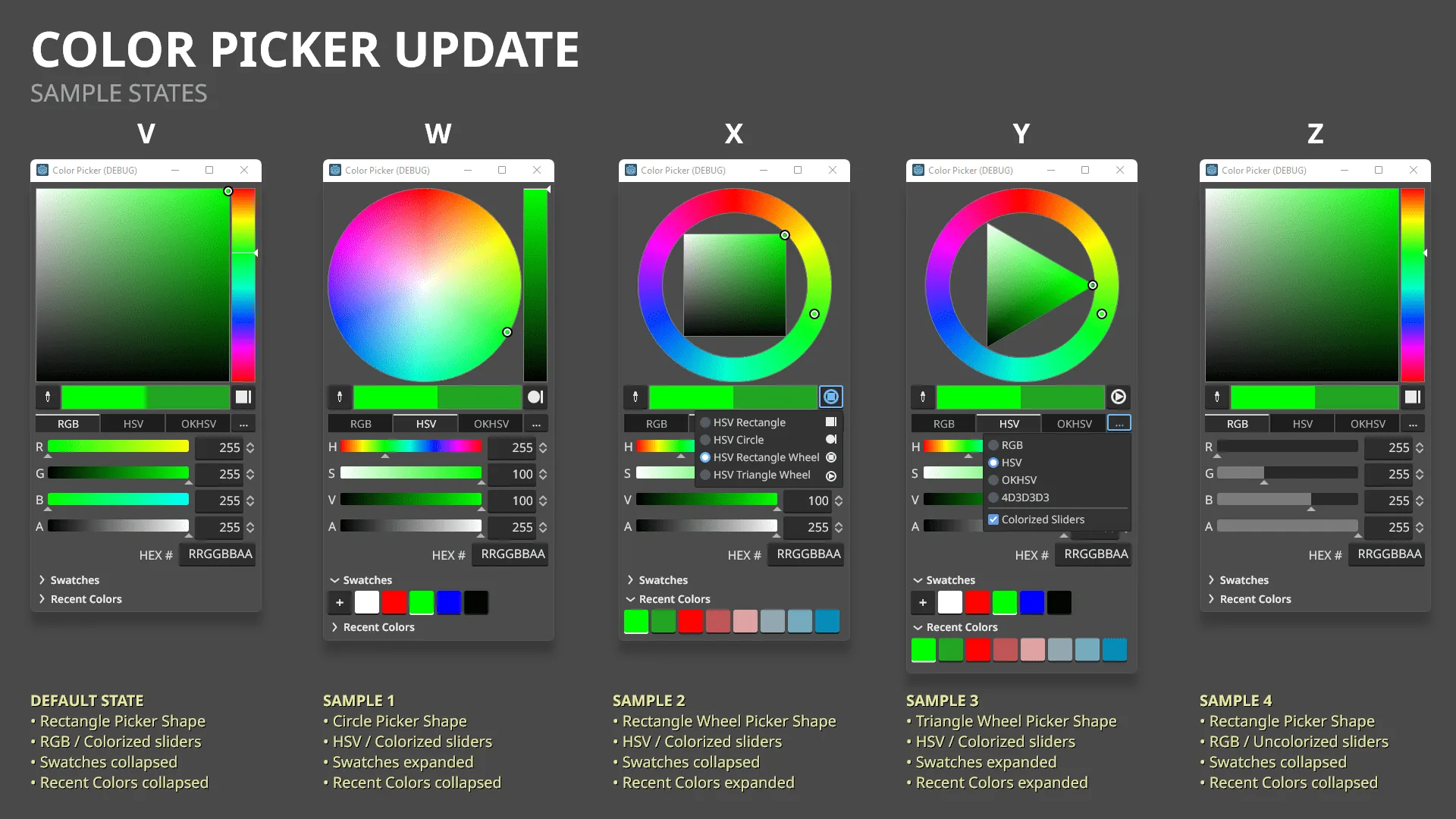 Color picker update, sample states: the default state and four samples with rectangle, circle, rectangle wheel and triangle wheel picker shapes, RGB and HSV sliders, colorized and uncolorized, with swatches and recent colors expanded or collapsed
