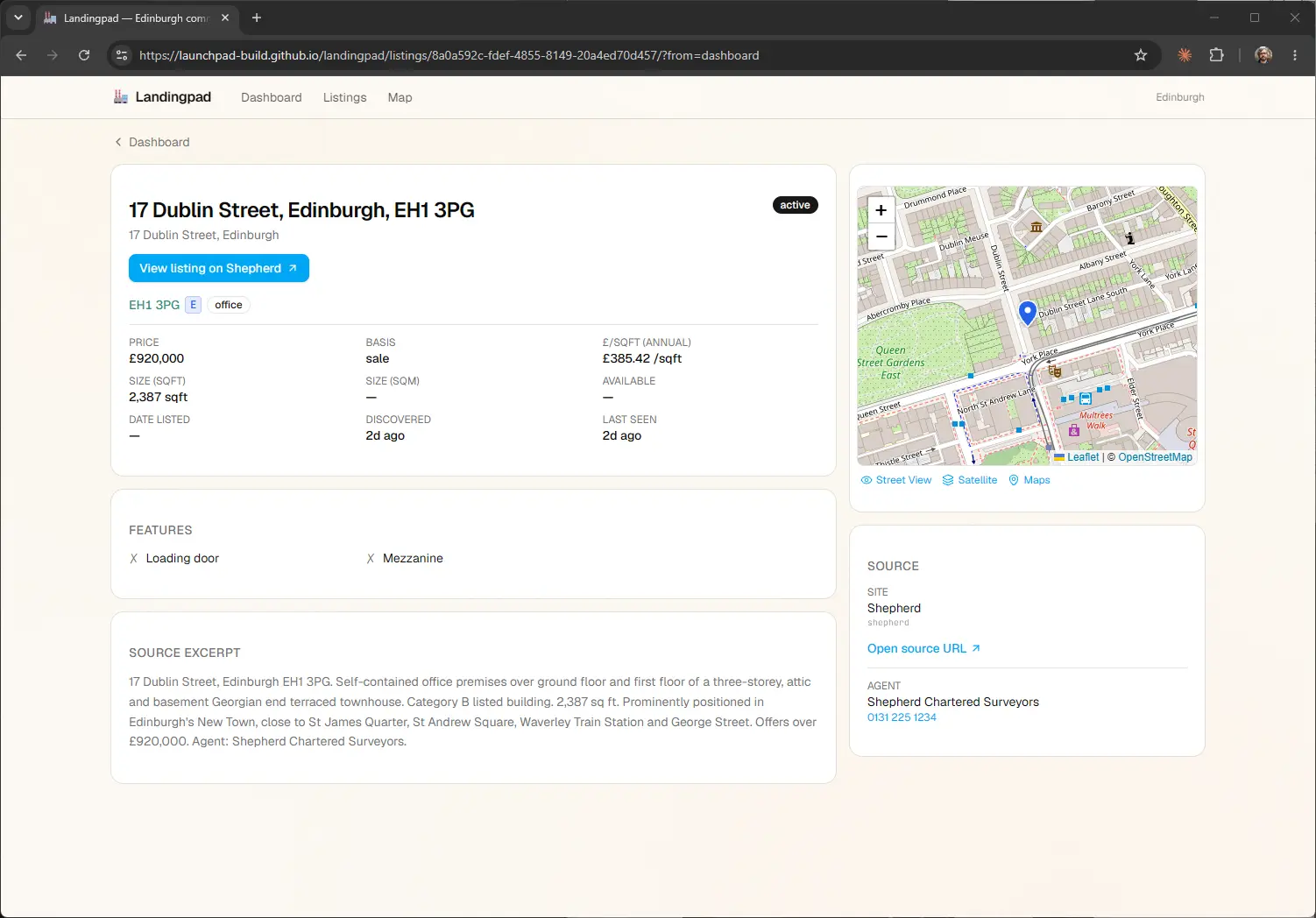 One listing's detail page with its facts, map, and source