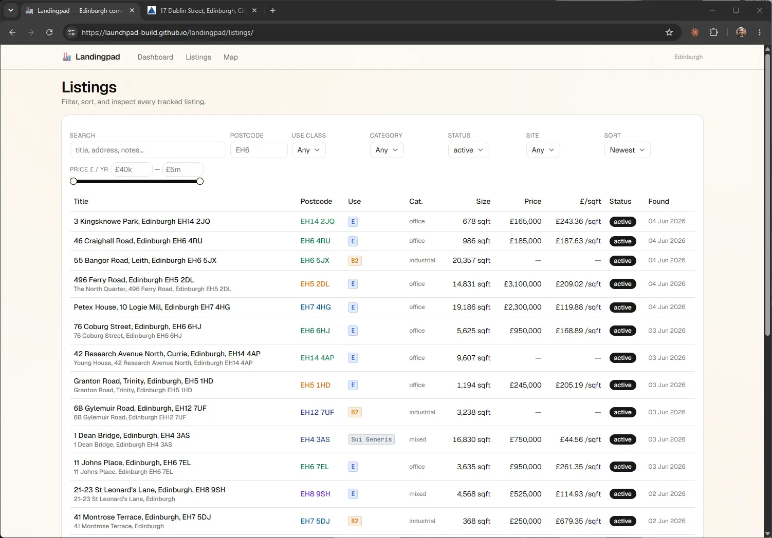 The listings table with filters for postcode, use class, size, and price