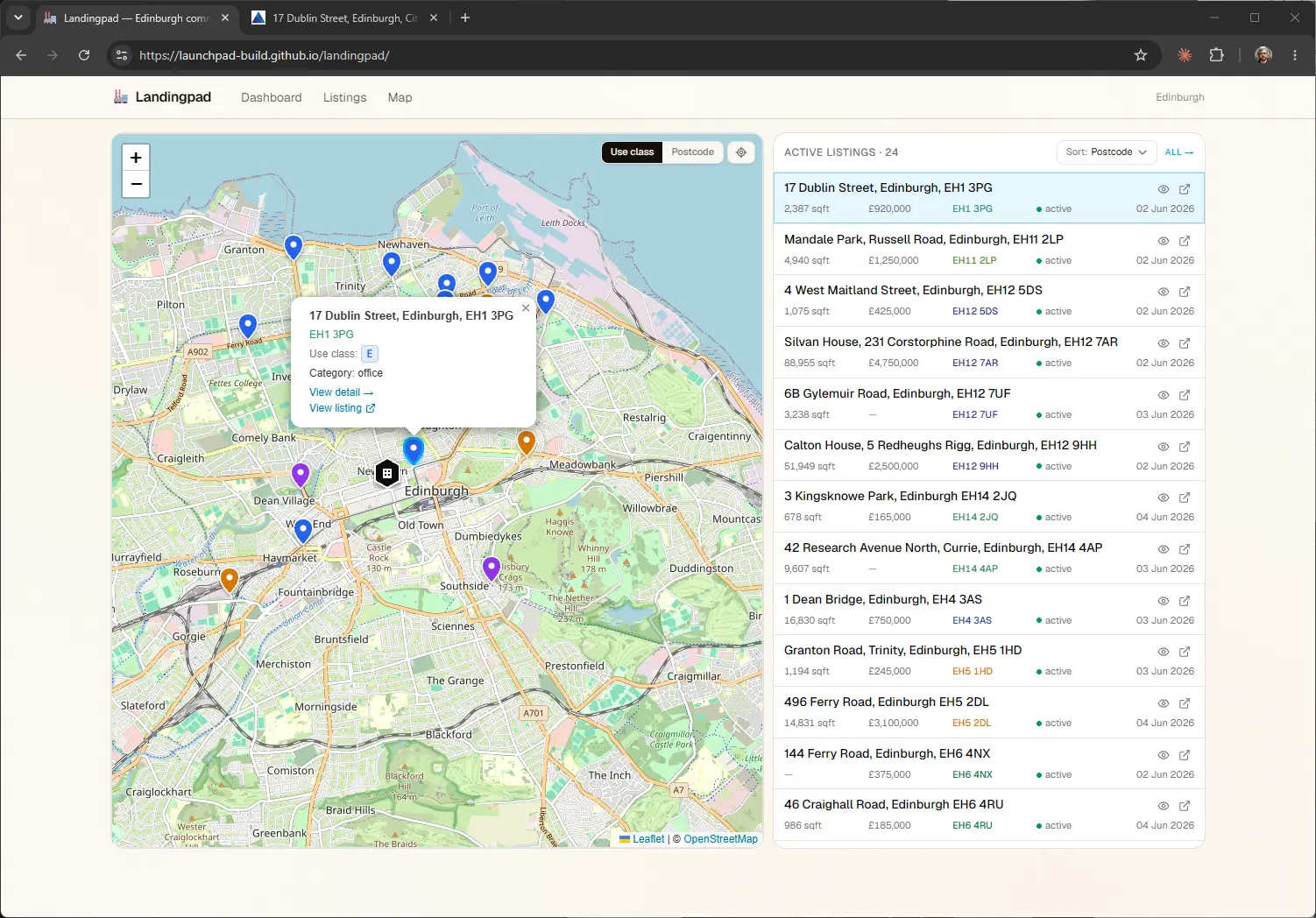 A listing selected on the map, its details in a popup beside the active listings