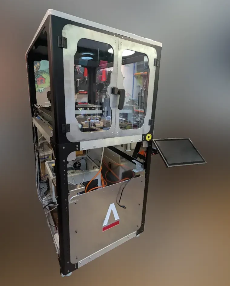 A work-in-progress render of the V2 Digitool, an enclosed robotic workcell on a black frame