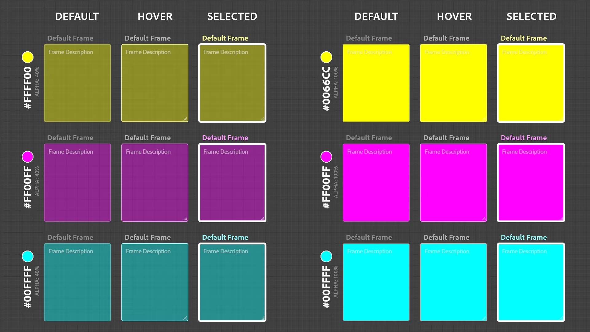 Color test sheet 2: yellow, magenta and cyan frames at 40% alpha beside the same colors at 100% alpha, in default, hover and selected states