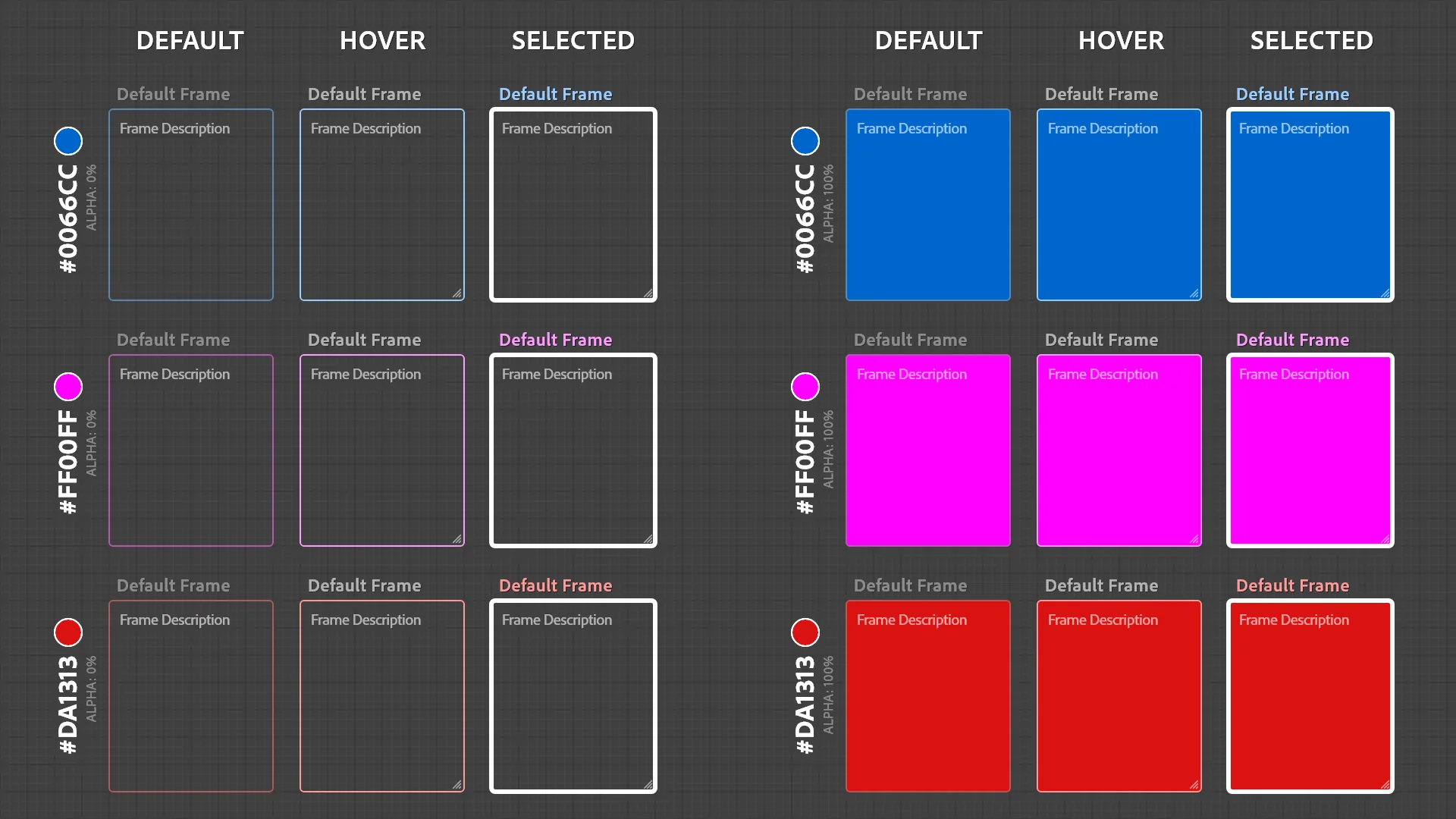 Color test sheet 3: blue, magenta and red frames at 0% alpha beside the same colors at 100% alpha, in default, hover and selected states