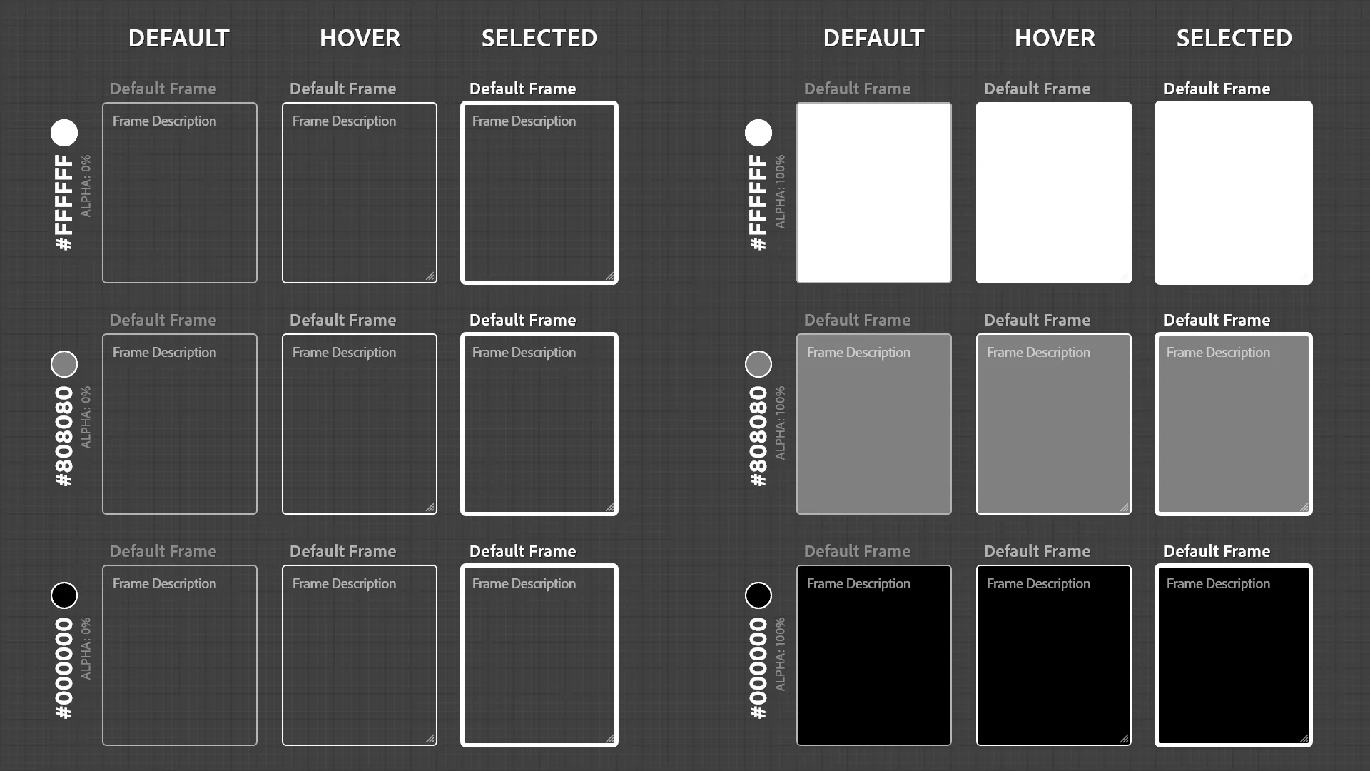 Color test sheet 4: white, gray and black frames at 0% alpha beside the same colors at 100% alpha, in default, hover and selected states