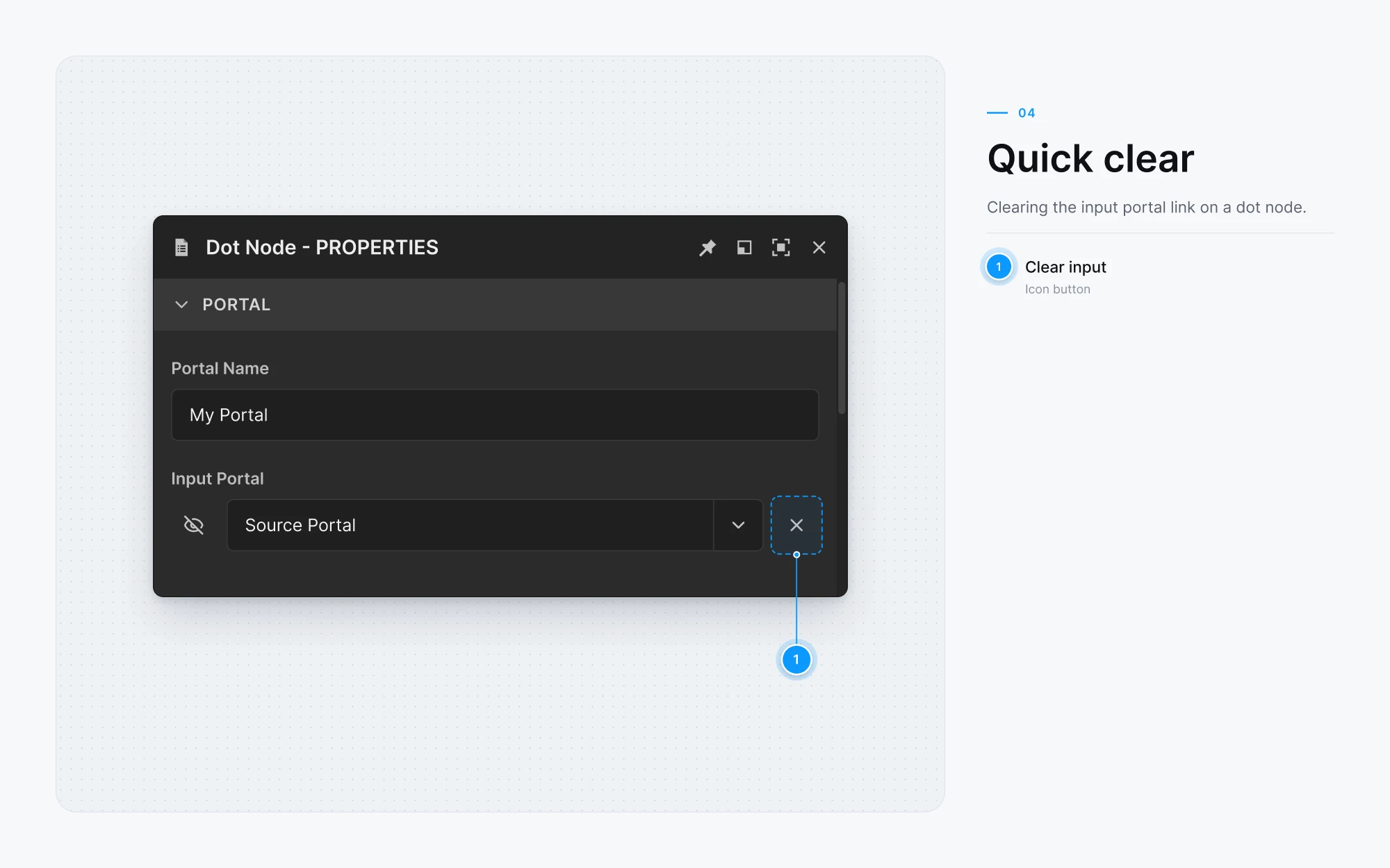 Spec sheet 04, quick clear: clearing the input portal link on a Dot node