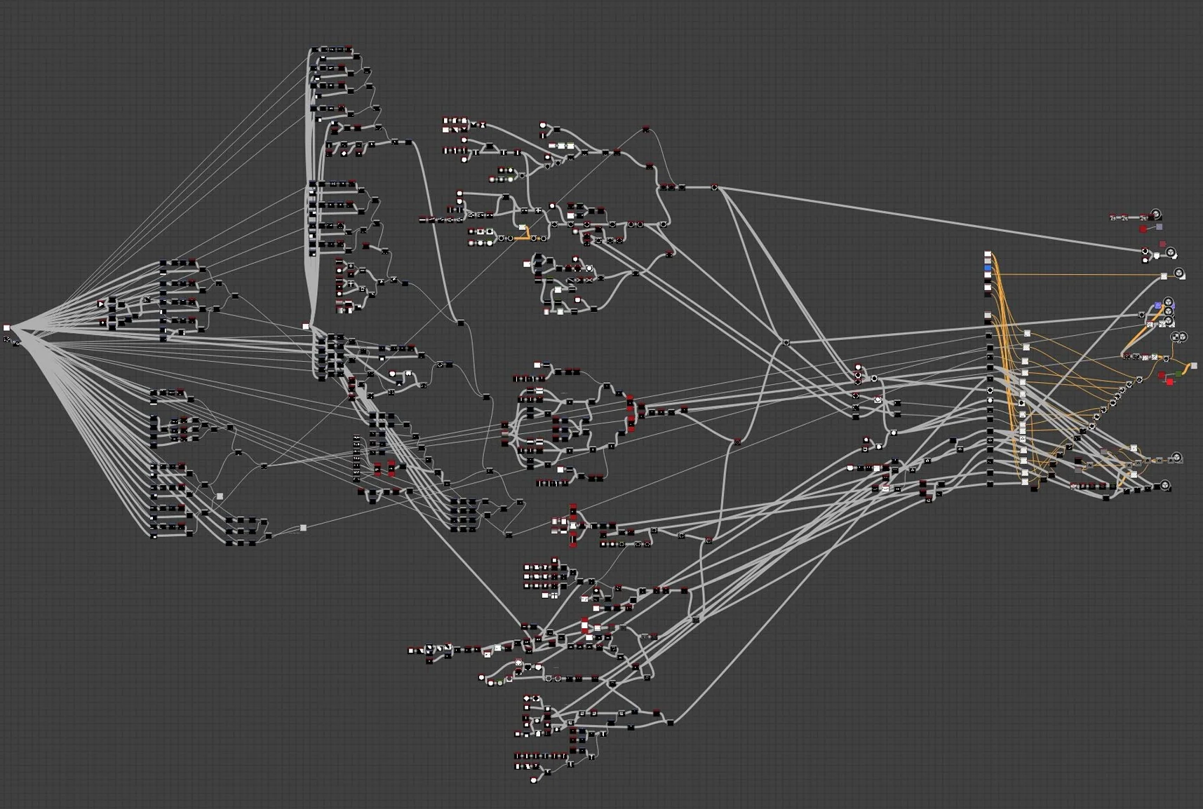 A very large Substance Designer graph: hundreds of nodes with long links crossing the whole canvas