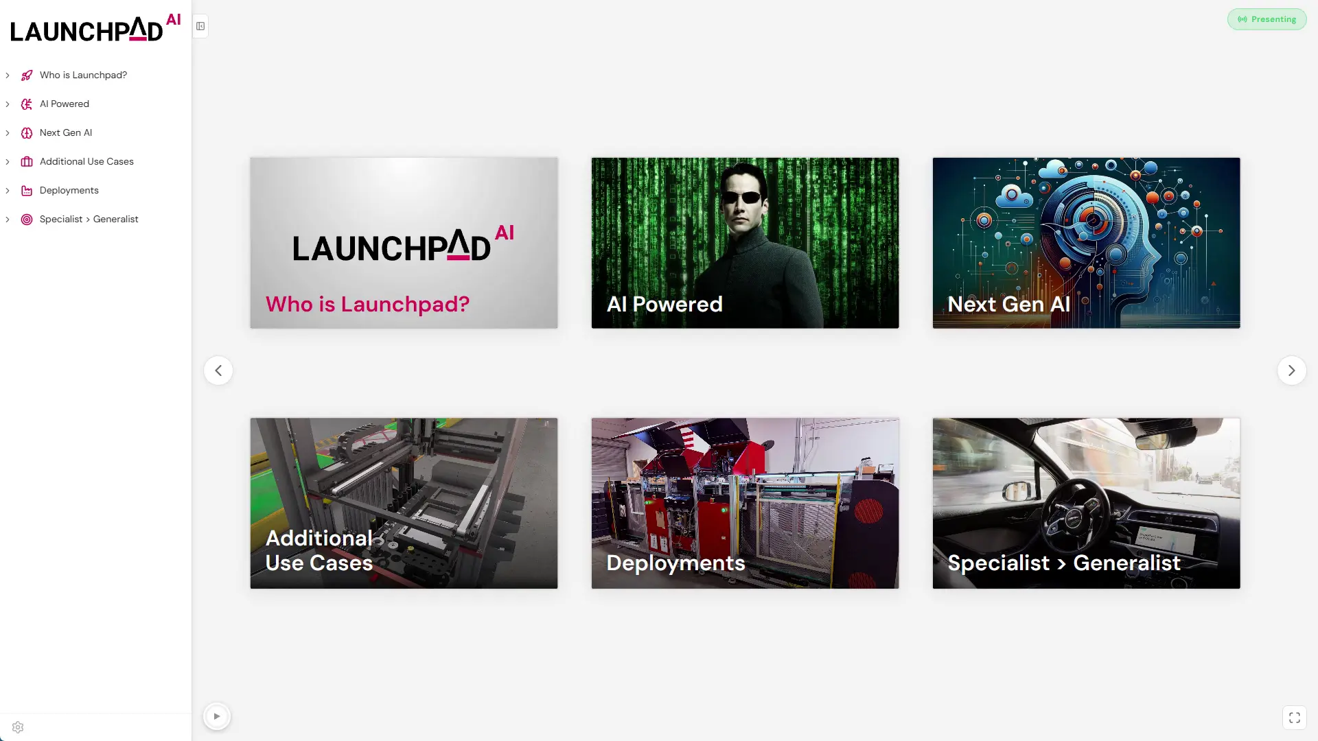 The Canvas overview: topic tiles such as Who is Launchpad, AI Powered, and Deployments